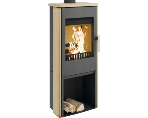 Kaminofen Haas & Sohn Vitorre Sandstein sandstein 6 kW Kaminofen mit Holzfach und brennendem Feuer