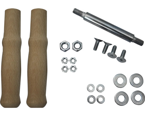 Holzgriffe, Gewindestange, Muttern, Schrauben und Unterlegscheiben
