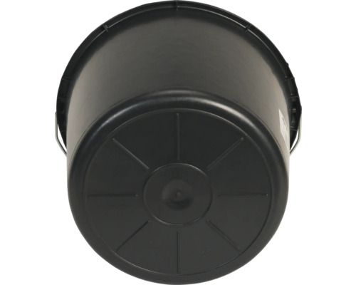 Schwarzer Eimer mit Metallbügel von unten