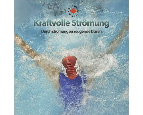 Person schwimmt im Whirlpool mit starker Strömung und Düsen