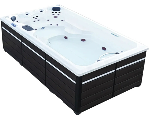Aufstellbarer Außenwhirlpool Canadian Spa St Lawrence Sport Swim SPA Mod. 2025 Schwimmspa mit dunkler Holzverkleidung und weißem Becken