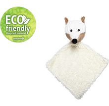 Beige Schnuffeltuch mit Fuchs Kopf und Eco Friendly Siegel.