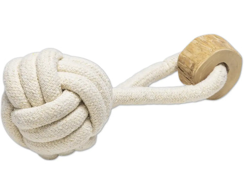 Hundespielzeug aus Baumwollseil mit Holzelement