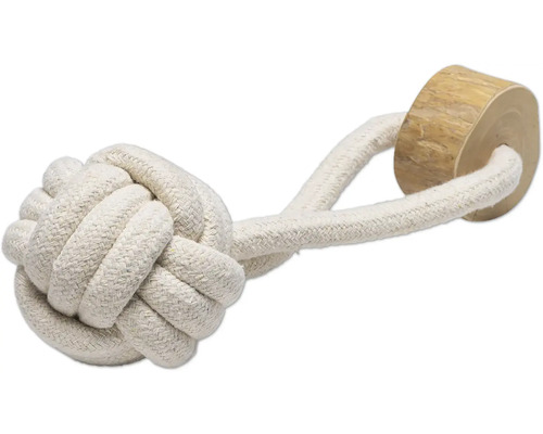 Hundespielzeug aus Seilknoten mit Holzstück
