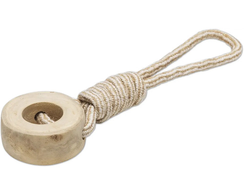 Hundespielzeug aus Holz mit Seilschlaufe