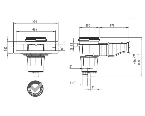 Technische Zeichnung eines Poolskimmers mit Maßangaben und UNE-EN 13451-1-3 Siegel