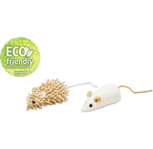 "Zwei Katzenspielzeuge in Form einer Maus und ein ""Umweltfreundlich"" Siegel"