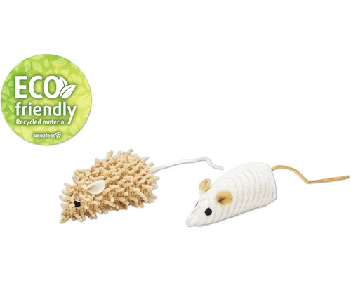 "Zwei Katzenspielzeuge in Form einer Maus und ein ""Umweltfreundlich"" Siegel"