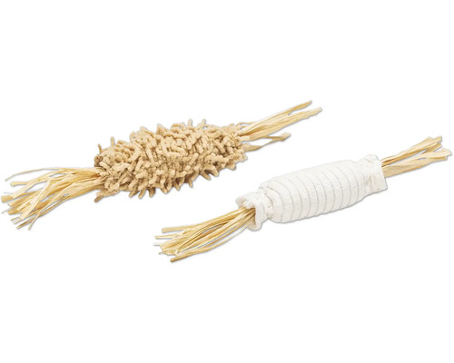 Zwei Katzenspielzeuge aus Stroh und Stoff