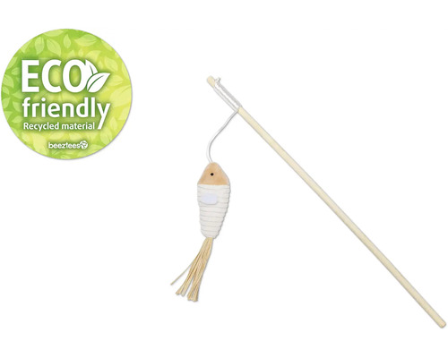 Katzenspielzeug Angel mit Fisch aus recyceltem Material und Eco Friendly Siegel