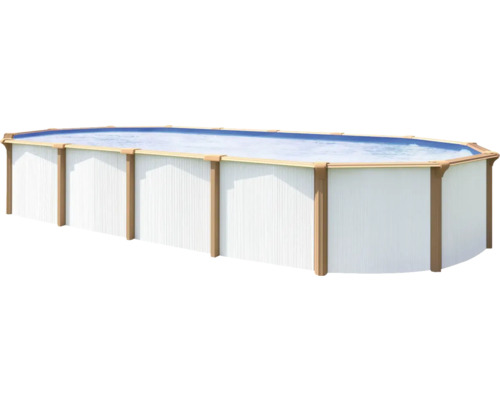 Aufstellpool Stahlwandpool-Set Supreme oval 950x490x132 cm inkl. Sandfilteranlage, Weithaslskimmer, Leiter, Filtersand, Bodenschutzvlies & Anschlussschlauch weiß/Holz