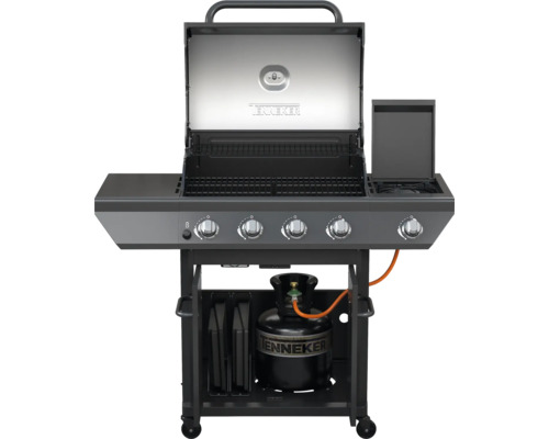Hybridgrill TENNEKER Graphite Dual mit 4 Brenner + Seitenbrenner, Dual-Fuel-Technologie zum Grillen mit Gas und Holzkohle, gusseiserner Grillrost Tenneker Gasgrill mit fünf Brennern, offen