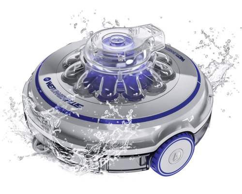 Poolreinigungsroboter in Silber und Blau mit Wasser