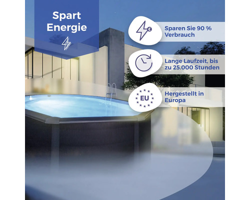 Pool mit dem Symbol ''Spart Energie'', dem Symbol ''90 Prozent weniger Verbrauch'', dem Symbol ''Bis zu 25000 Stunden Lebensdauer'' und dem Symbol ''Hergestellt in Europa''