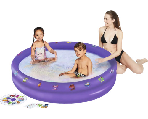 Pool Planschbecken Happy People 150 x 150 x 40 cm Kunststoff rosa Aufblasbares Planschbecken mit Kindern und einer Frau im Garten