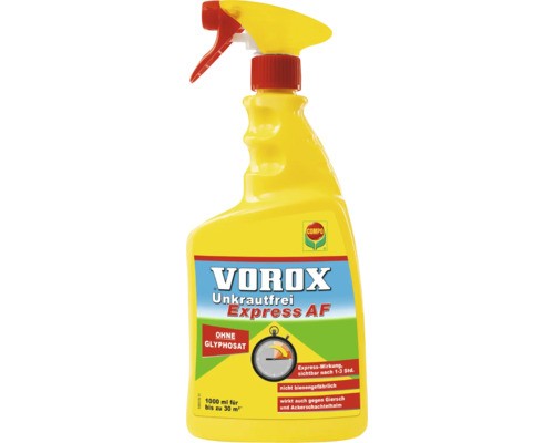 VOROX Unkrautfrei Express Compo 1000 ml Anwendungsfertiges Pumpspray Reg.Nr. 3252-902 VOROX Unkrautfrei Express AF Unkrautvernichter in einer gelben Sprühflasche