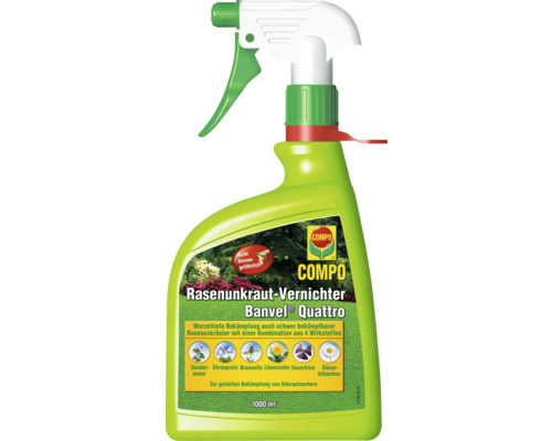 Rasenunkraut Vernichter Banvel Banvel® Quattro 1000 ml Anwendungsfertiges Pumpspray Reg.Nr. 3191-907 COMPO Rasenunkraut-Vernichter Banvel Quattro Sprühflasche mit 1000 ml Inhalt