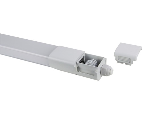 LED-Feuchtraumleuchte mit geöffnetem Anschlusskasten und Montagematerial