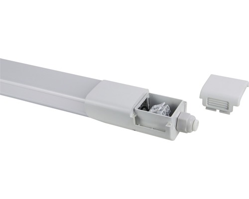 LED-Feuchtraumleuchte mit geöffnetem Anschlusskasten und Zubehör