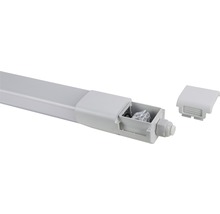 LED-Röhrenleuchte mit geöffnetem Anschlusskasten und Zubehör