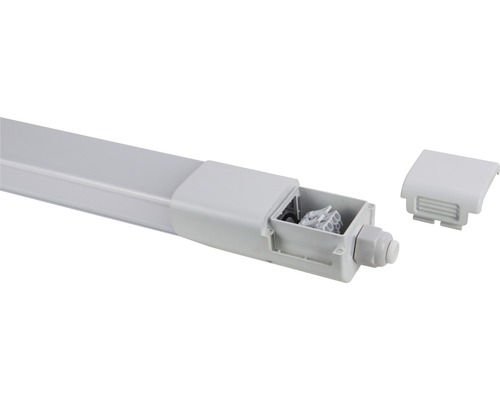 LED-Röhrenleuchte mit geöffnetem Anschlusskasten und Zubehör