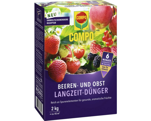 Compo Beeren- und Obst Langzeit-Dünger, 2 kg Packung mit Abbildungen von Erdbeeren, Himbeeren, Johannisbeeren, Brombeeren und Apfel