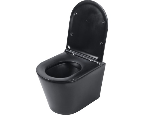 Wandtiefspülklosett-Set Differnz spülrandlos Abgang waagerecht schwarz mit WC-Sitz Wand-Tiefspülklosett mit offenem Spülrand und Toilettendeckel