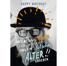 Geburtstagskarte mit Hut, Brille und Text
