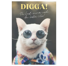 Grußkarte mit einer Katze mit Sonnenbrille und dem Schriftzug Digga! Du hast immer noch den besten Vibe!