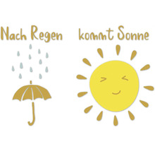 Nach Regen kommt Sonne Schriftzug mit Regenschirm, Regentropfen und Sonne