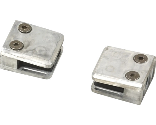 Zwei Glashalter aus Metall mit Schrauben zur Glasbefestigung