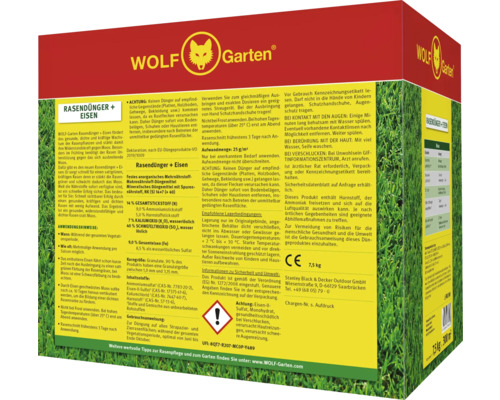 Wolf Garten Rasendünger Eisen, ein Dünger zur Förderung von gesundem und dichtem Rasen in einer 7,5 Kilogramm Packung.