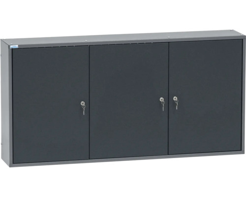 Hängeschrank Küpper 1200 x 600 x 200 mm 3 Lochrückwände 3 Türen 4 Einlegeböden anthrazitgrau-hellgrau Grauer Hängeschrank mit drei abschließbaren Türen und Schlüsseln