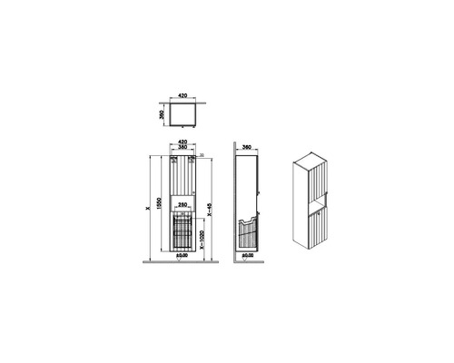 Technische Zeichnung eines Badezimmerschranks mit Maßangaben.
