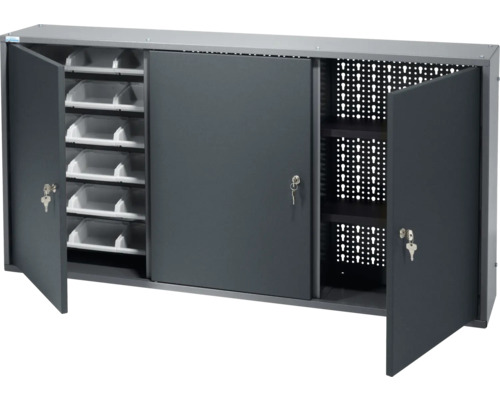 Schrank Hängeschrank Küpper made in Germany 1200x600x200 mm 3 Türen 18 Boxen 2 Lochrückwände 2 Einlegeböden 18 Sichtboxen anthrazit grau Werkstattschrank mit Schiebetüren, Lochwand, Fächern und Schlüssel