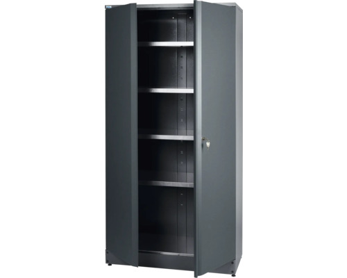 Hochschrank Küpper 910 x 1800 x 450 mm 4 Einlegeböden 2 Türen anthrazitgrau-hellgrau Grauer Stahlschrank mit Einlegeböden und geöffneten Türen