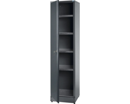 Hochschrank Küpper 455 x 1800 x 450 mm 4 Einlegeböden 1 Tür anthrazitgrau-hellgrau Metallschrank mit Tür geöffnet und Regalen