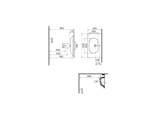 Technische Zeichnung eines Waschtischs mit Maßen