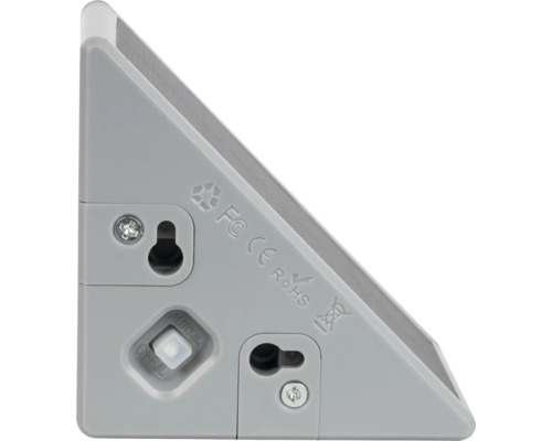 Detailansicht einer grauen Lampe mit Schalter für Automatikbetrieb und Aus-Funktion