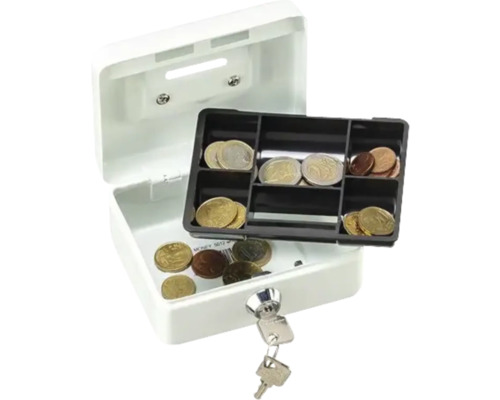 Geöffneter, weißer Geldeinsatz mit Münzen und Schlüssel