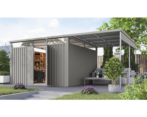 Gartenhaus Karibu Nosten 3,5 inkl. Anbaudach 2,25 m 564 x 355 cm graualuminium Metall Gerätehaus mit offenem Vorraum für Gartenmöbel und Werkzeuge