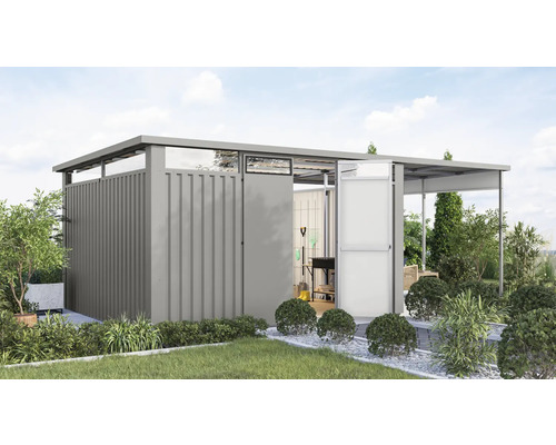 Gartenhaus Karibu Nosten 4 inkl. Anbaudach 2,25 m 614,5 x 355 cm graualuminium Gartenschrank mit Schiebetüren und umliegender Bepflanzung