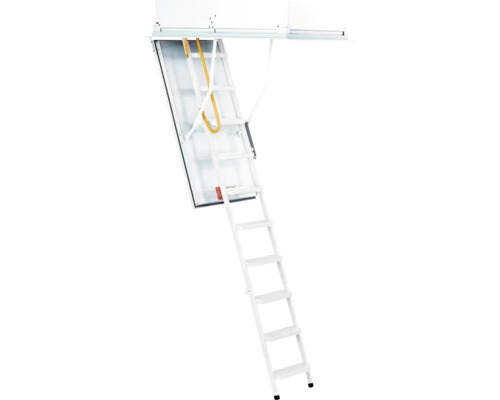 Ausgezogene Bodentreppe aus Metall mit Handlauf