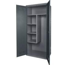 Offener grauer Stahlschrank mit Regalen und Kleiderstange.