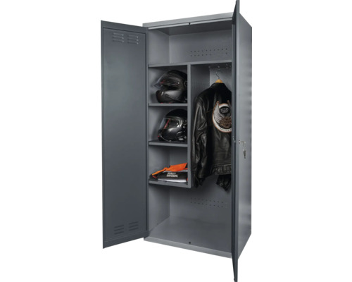 Schrank Hochschrank Küpper made in Germany 80x1800x480 mm 2 Türen 4 Einlegeböden anthrazit grau Offener Metallschrank mit Helmen und Lederjacke