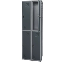 Stahlschrank mit vier Fächern, davon eines geöffnet, mit Belüftungslöchern und Schloss