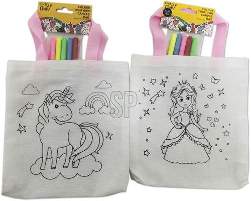 Zwei Stofftaschen zum Ausmalen mit Einhorn- und Prinzessinnenmotiven