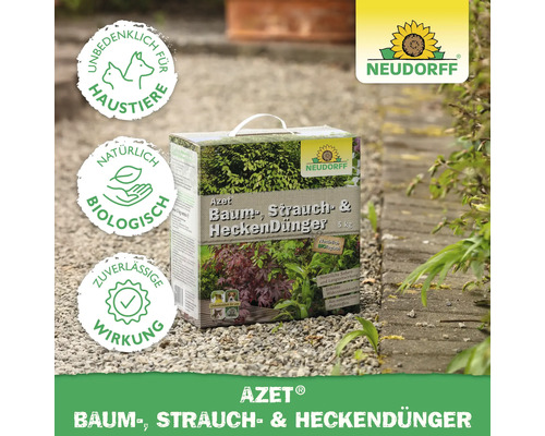 Neudorff Azet Baum-, Strauch- und Heckendünger 5 kg Packung mit Haustierfreundlich-, Bio- und Zuverlässige Wirkung Siegel