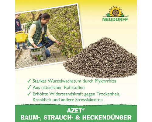 Neudorff Azet Baum-, Strauch- und Heckendünger mit Hinweisen zu Inhaltsstoffen und Anwendung