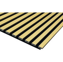 Akustikpaneel mit Holzlatten auf schwarzem Filz